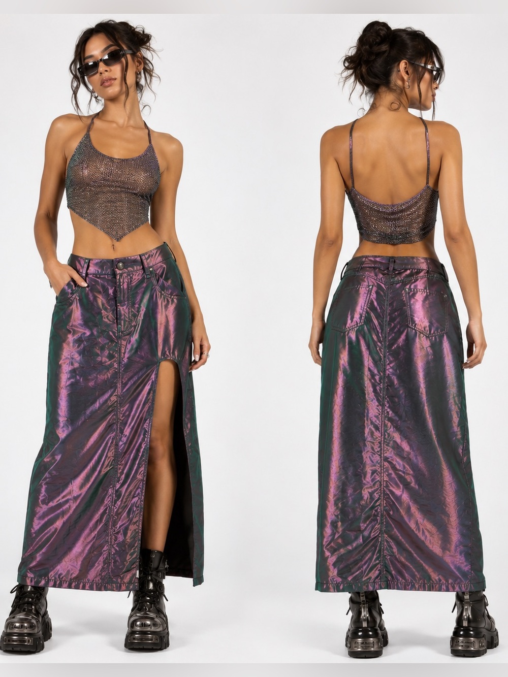 AFRM Y2K Shimmering Plum & Green Futuristic Edgy Maxi Skirt with a Slit size 27